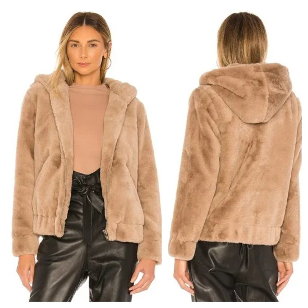 NWT Blank NYC XS Faux Fur Hooded Bomber Coat Jacket in Sand Stoner